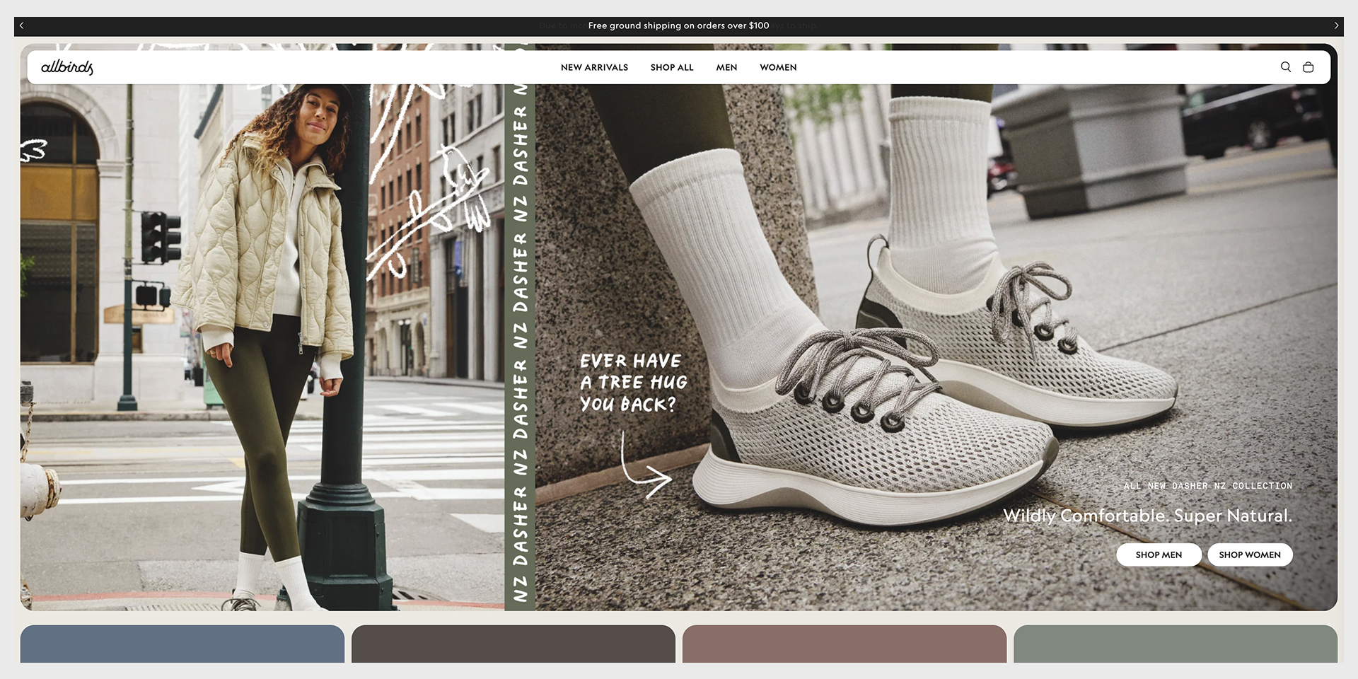 Allbirds homepage hero, materials story, captured August 2026 landing page examples