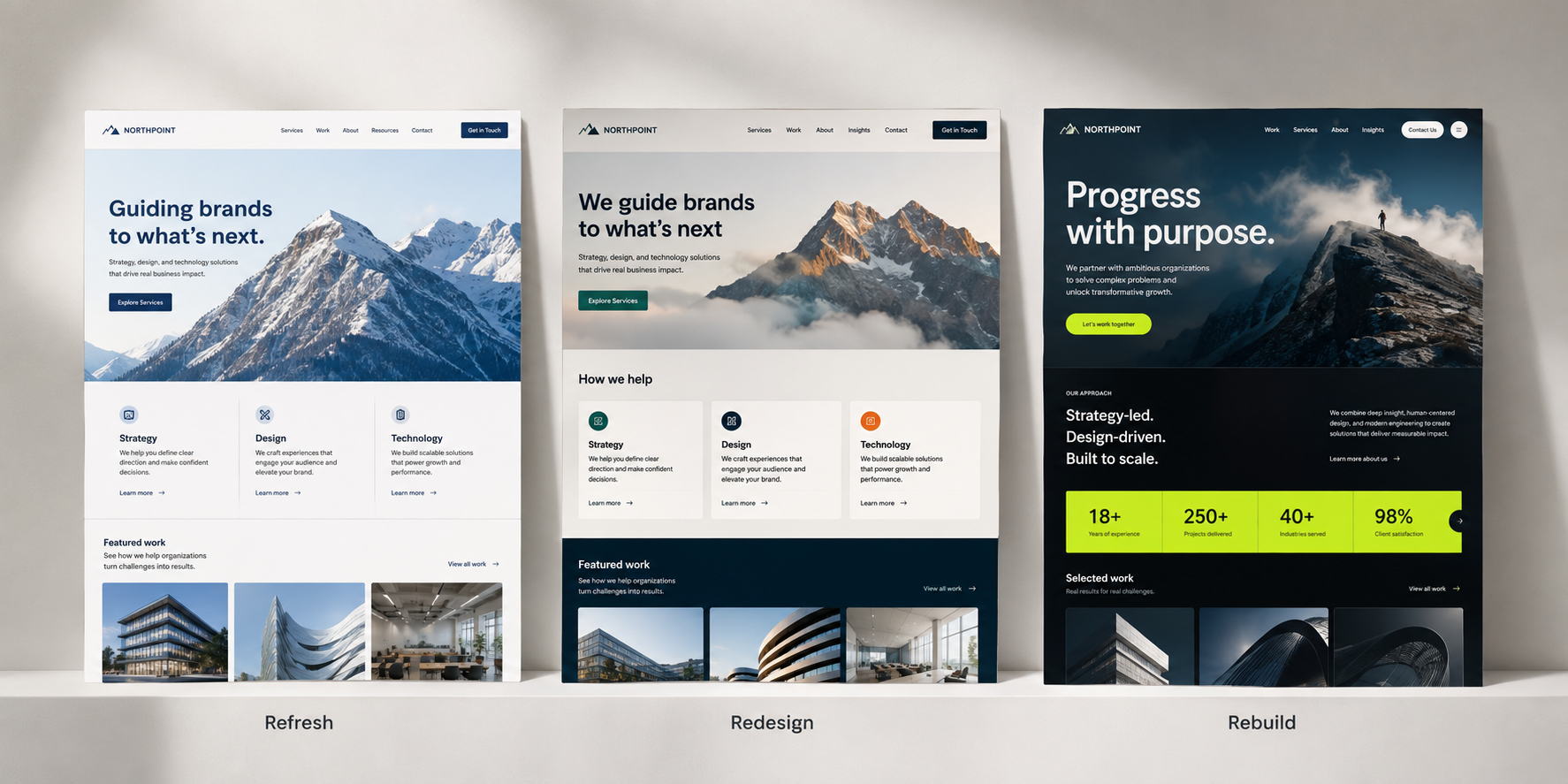 Comparison of website visual refresh, structural redesign, and full rebuild showing what changes in each