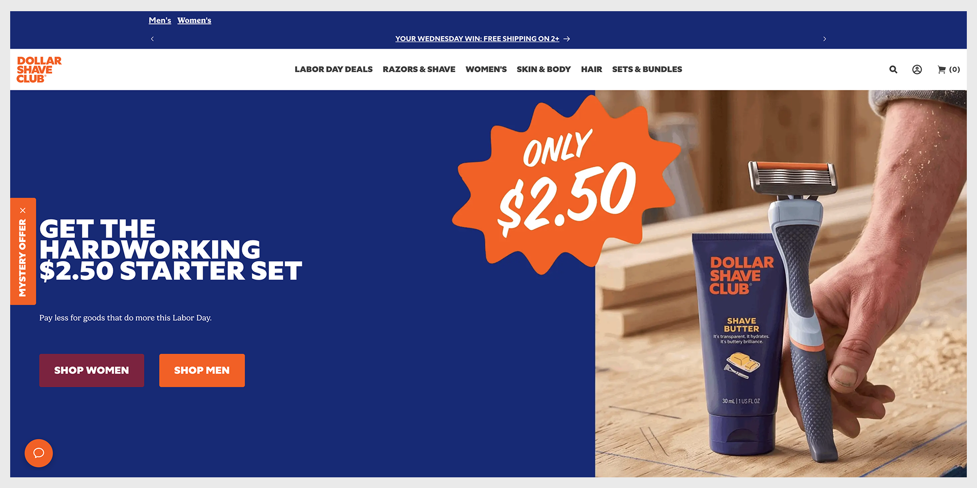 Dollar Shave Club homepage, guarantee and member reviews, captured August 2026 landing page examples