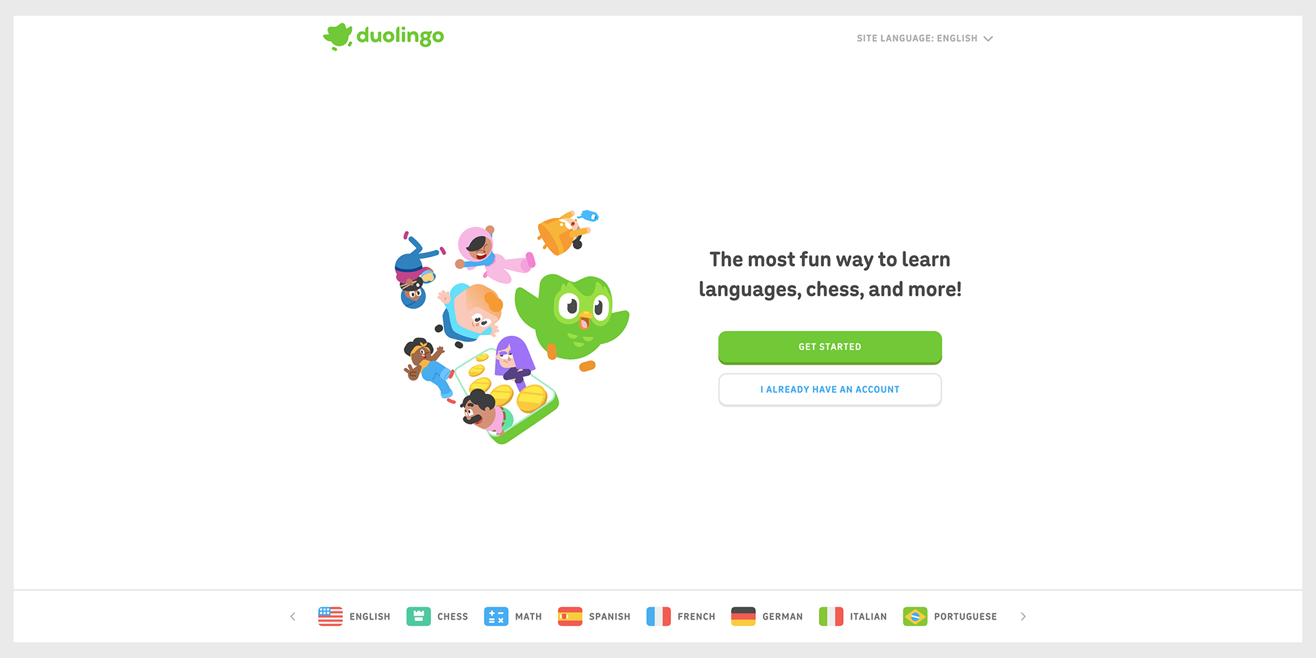 Duolingo homepage with app store badges and single action, captured August 2026 landing page examples