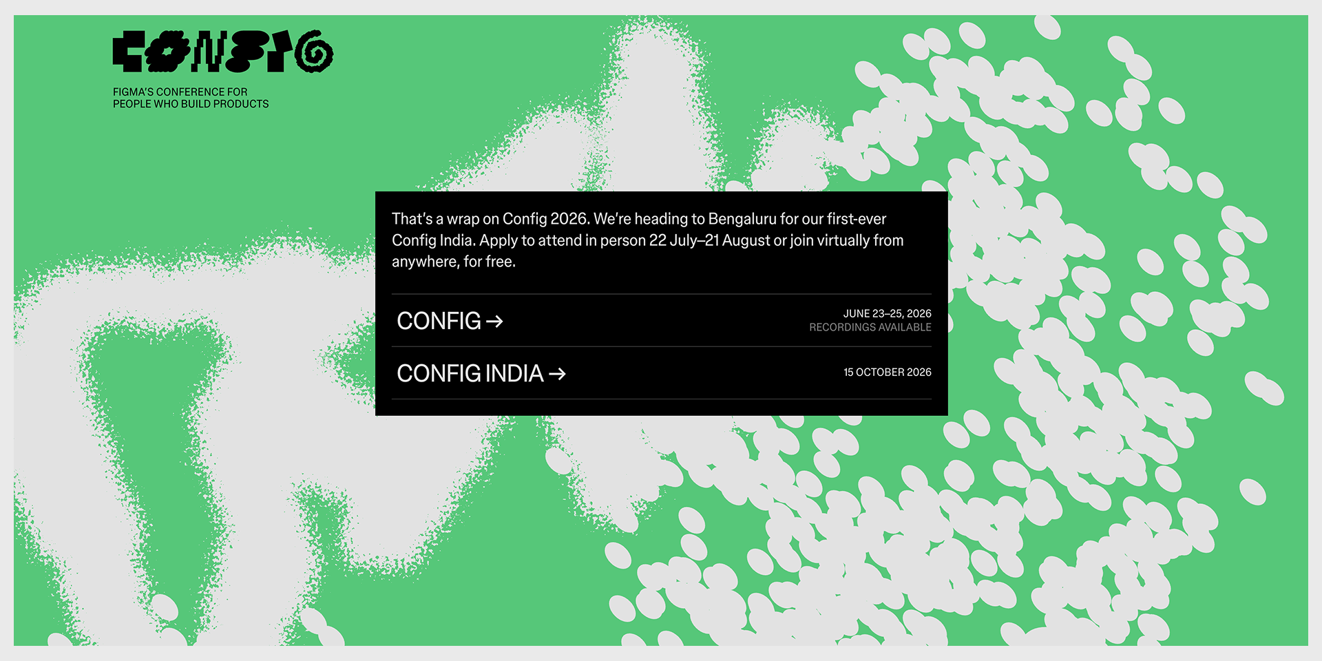 Figma Config event page, apply in person or join virtually, captured August 2026 landing page examples