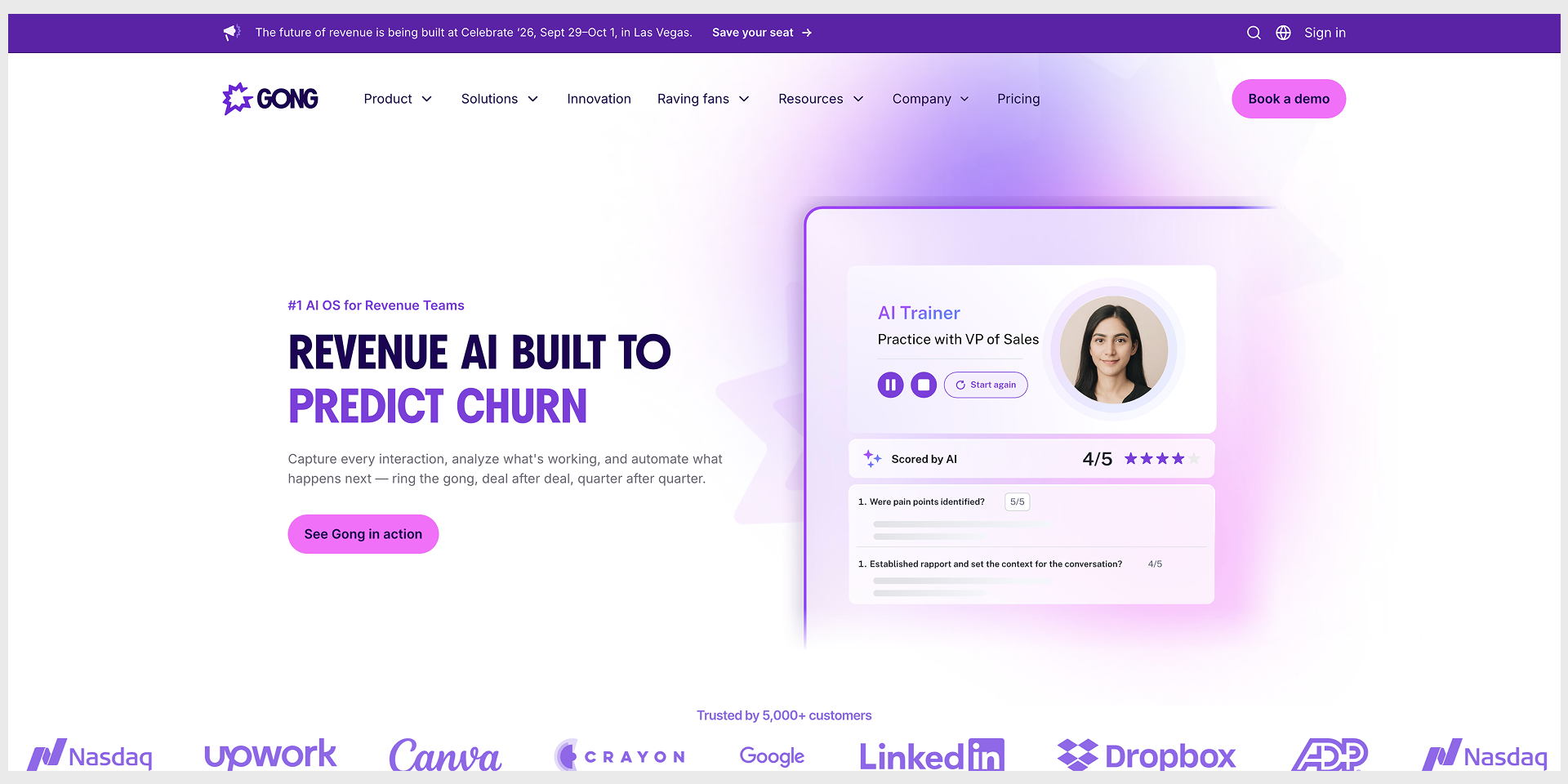 Gong homepage, metric-dense hero, captured August 2026 landing page examples