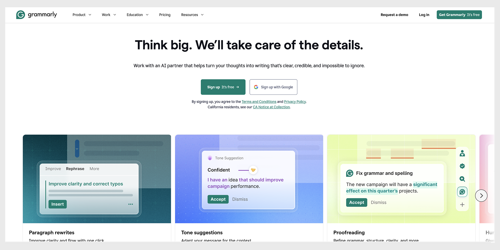 Grammarly homepage with animated product demo, captured August 2026 landing page examples