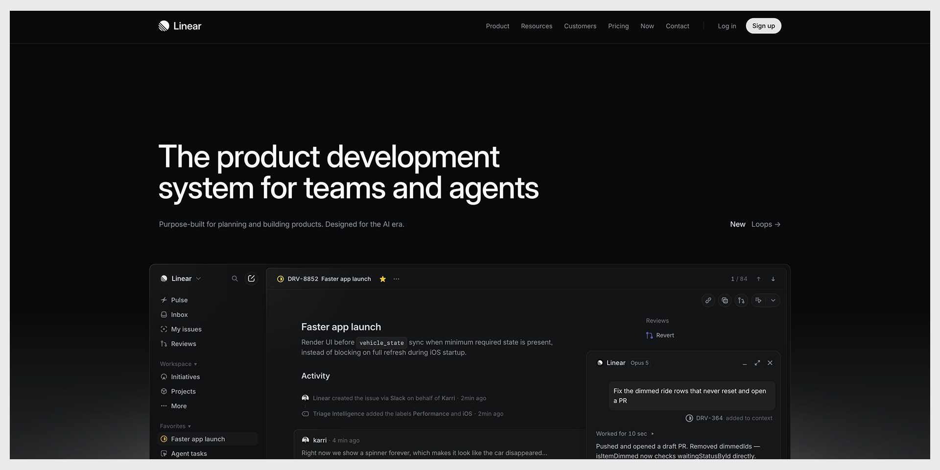 Linear homepage, interface screenshots and engineer-focused copy, captured August 2026 landing page examples