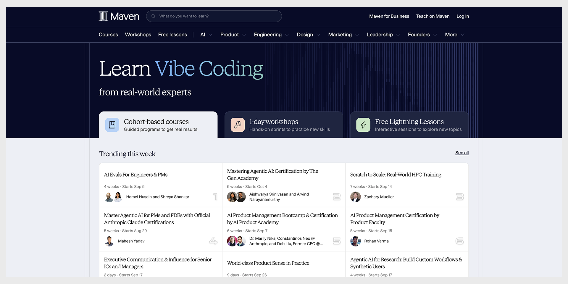 Maven cohort course page framing outcome and fit, captured August 2026 landing page examples