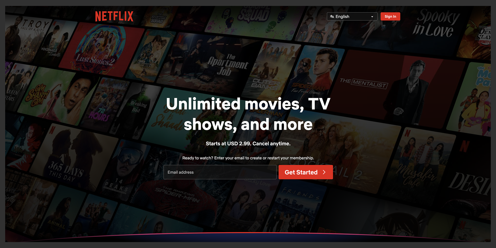 Netflix signup page, hero and email field, captured August 2026 landing page examples