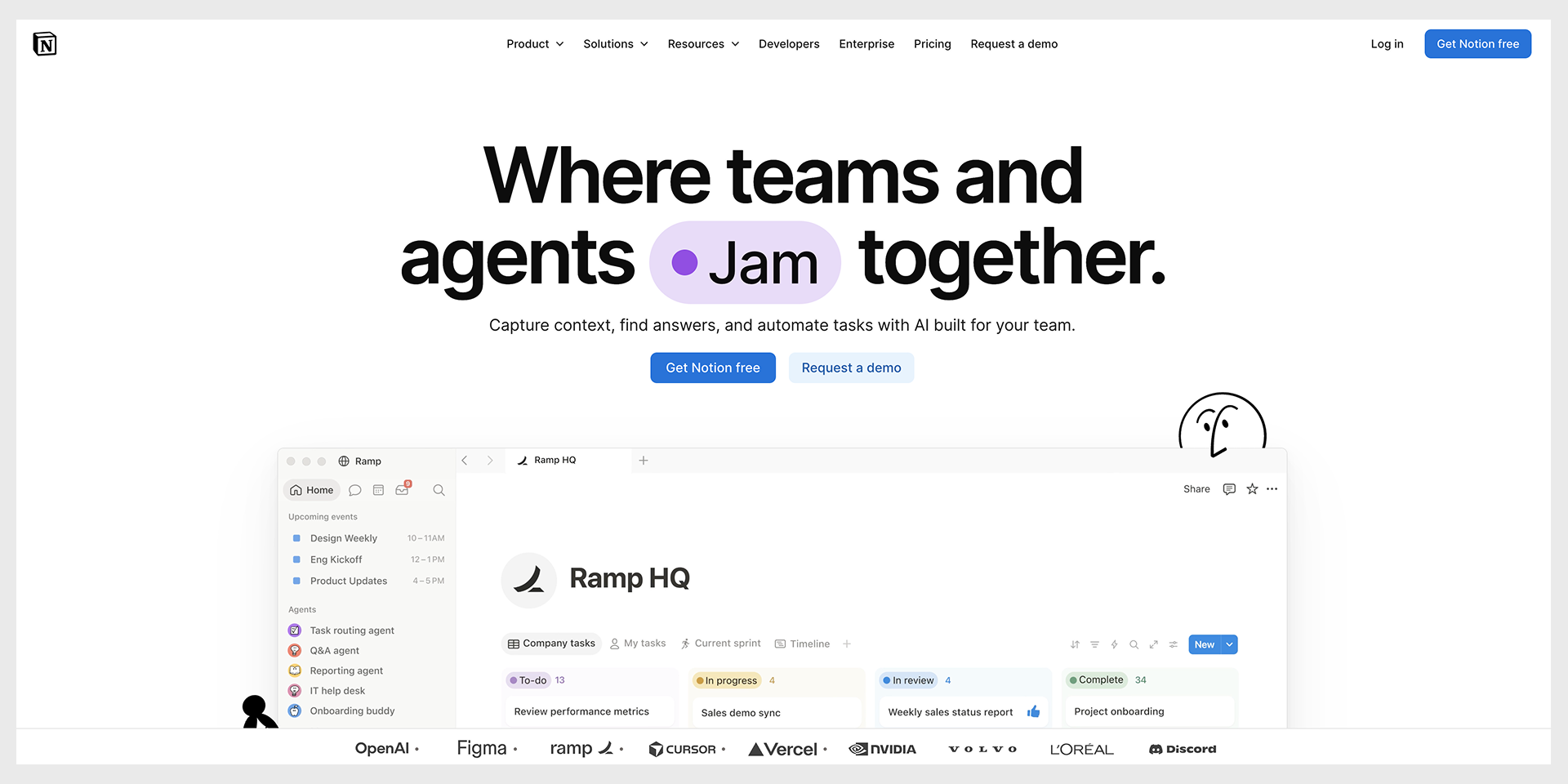 Notion homepage hero and customer logos, captured August 2026 landing page examples