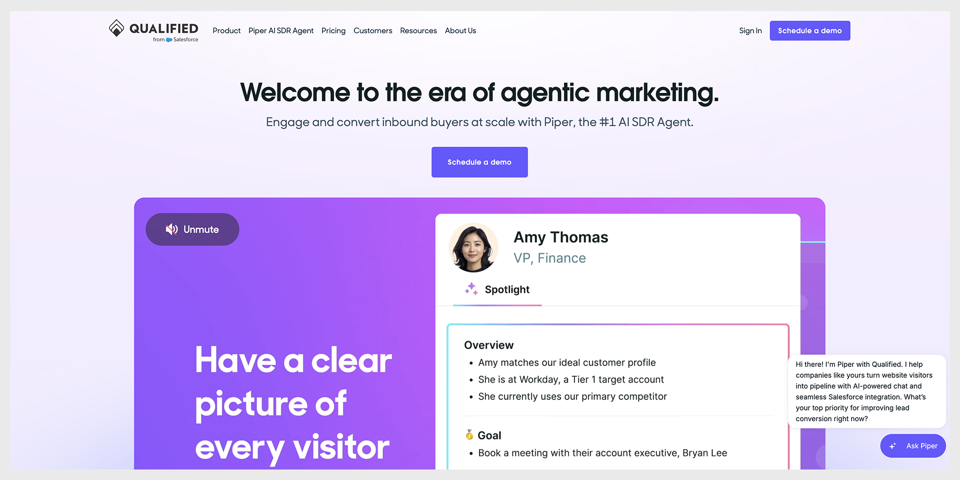 Qualified homepage, AI agent plus Schedule a demo, captured August 2026 landing page examples