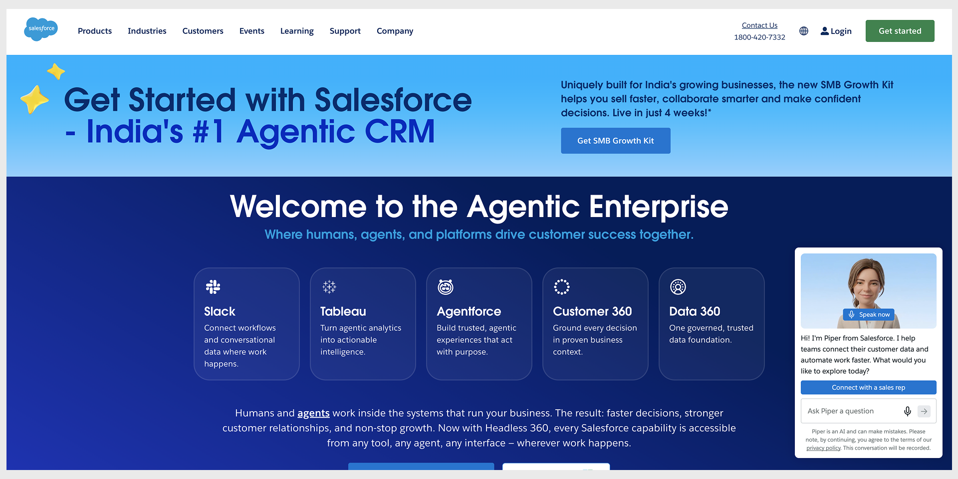 Salesforce homepage, multi-product paths and executive testimonials, captured August 2026 landing page examples