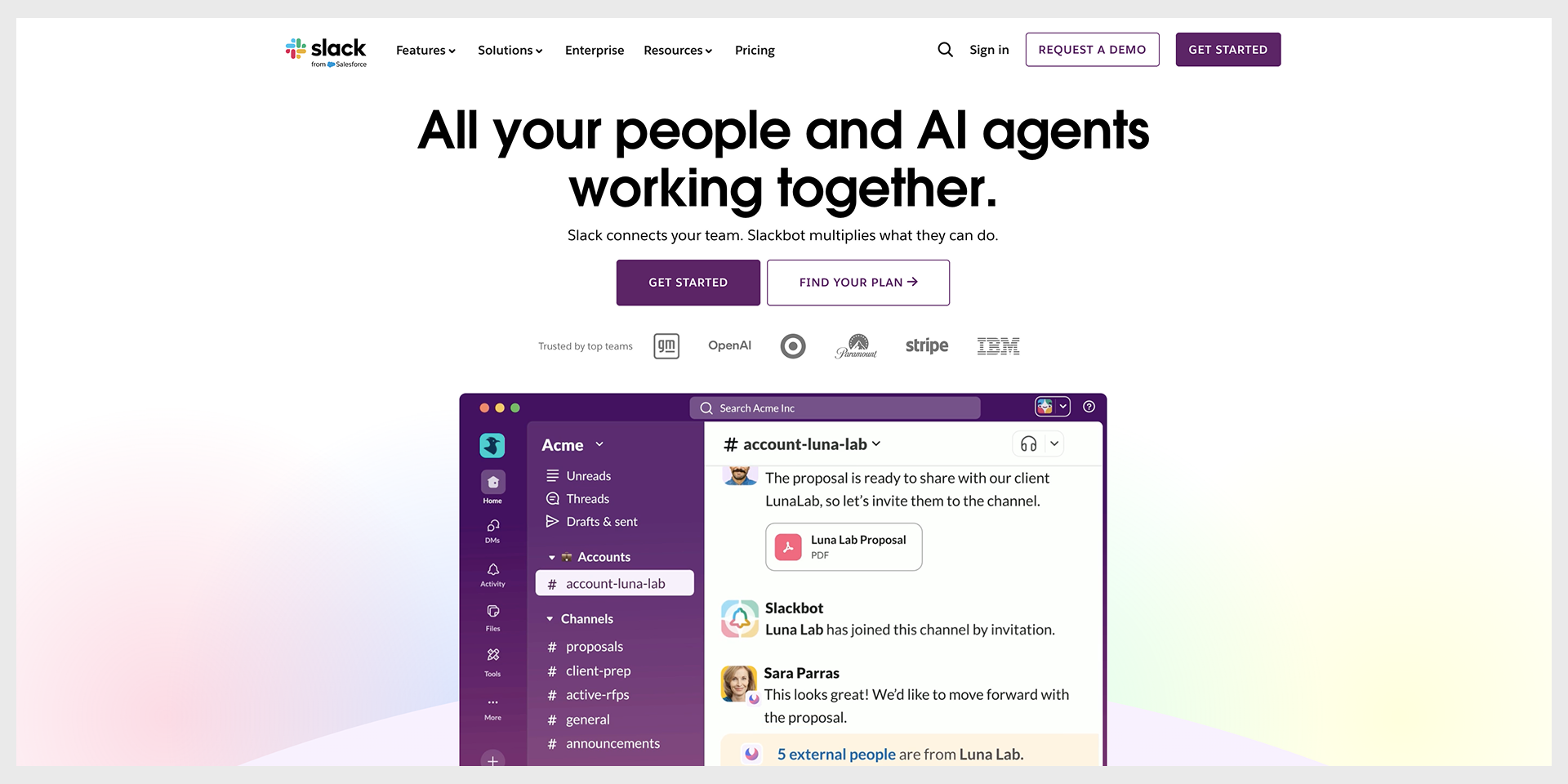 Slack homepage hero with product UI and testimonial, captured August 2026 landing page examples