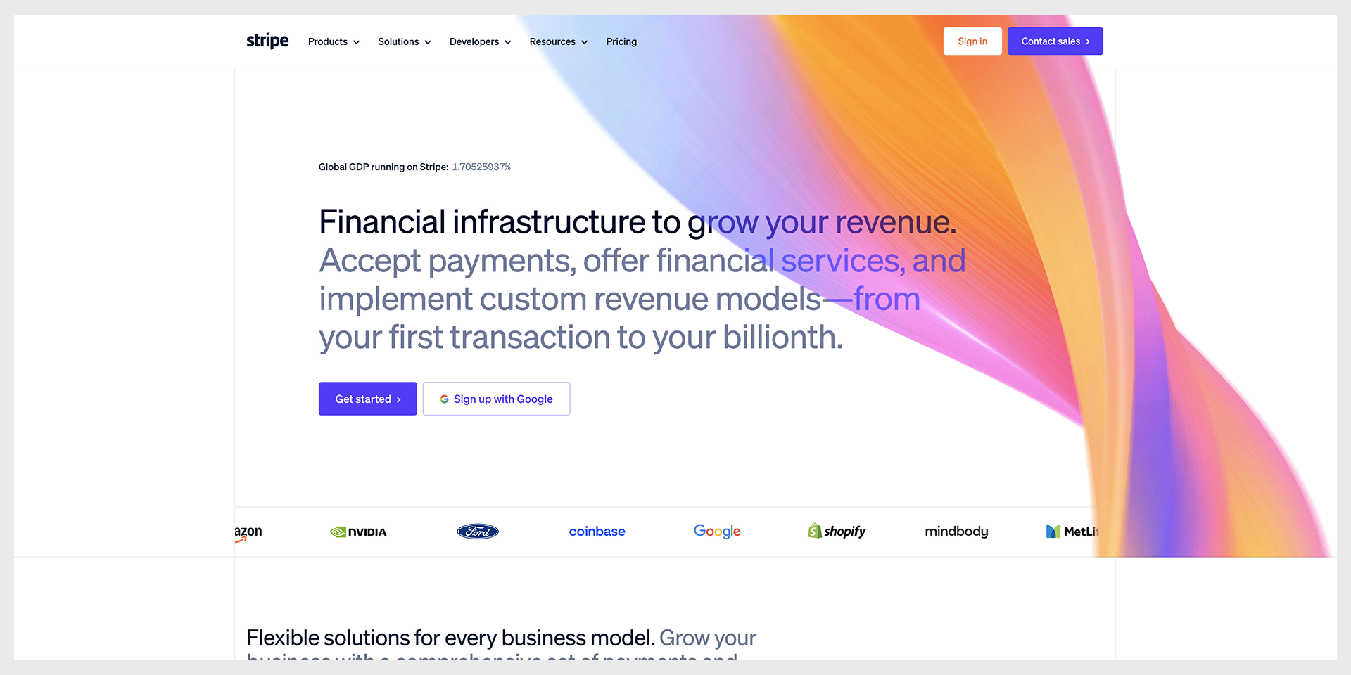 Stripe homepage, animated hero and layered depth, captured August 2026 landing page examples