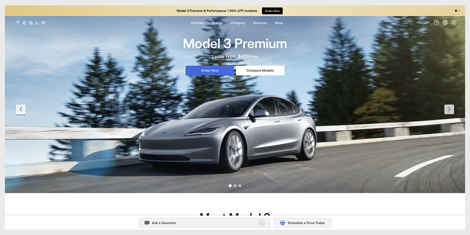 Tesla vehicle page hero, large product imagery landing page examples