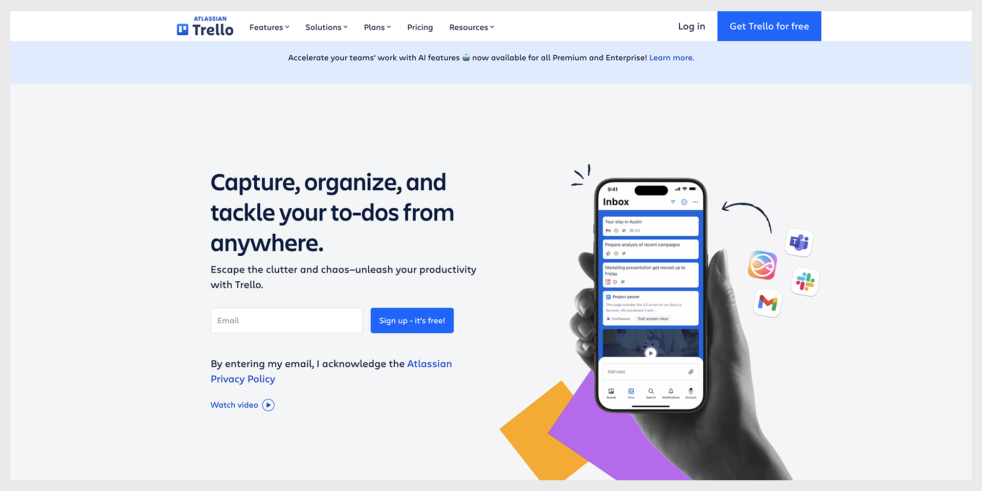 Trello homepage with illustrated boards, captured August 2026 landing page examples
