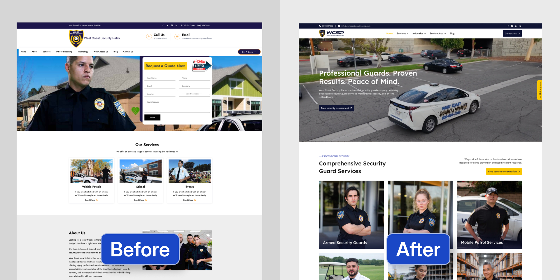 Website redesign case study by Pixelean showing before and after homepage design