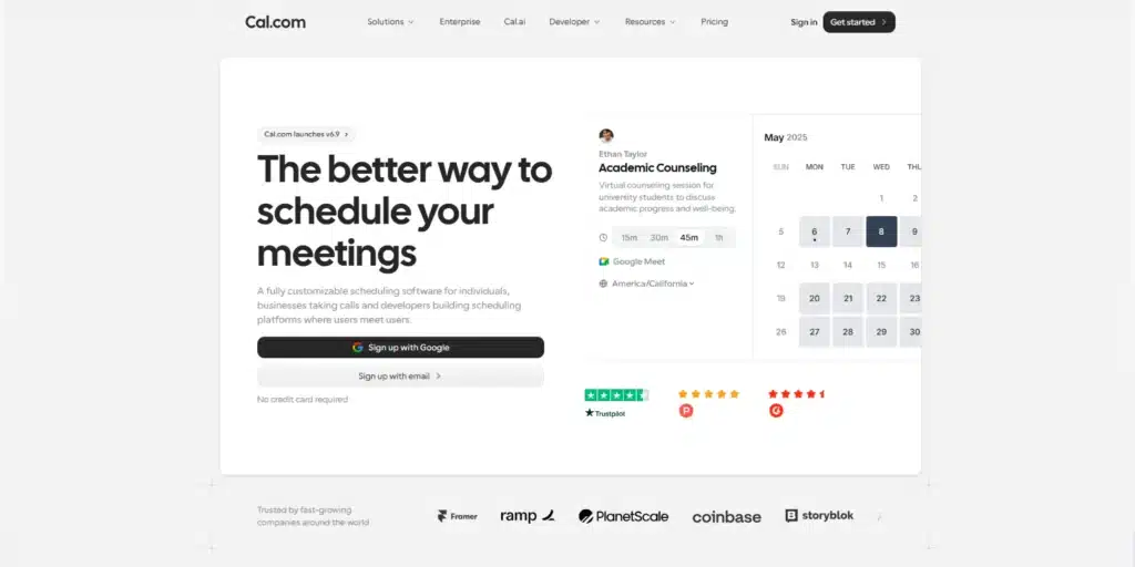 Cal.com homepage hero with a live booking calendar and sign-up buttons.