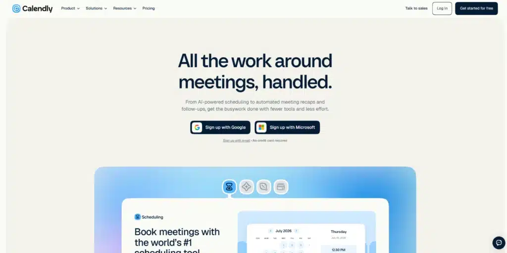 Calendly homepage hero with sign-up buttons for Google and Microsoft.