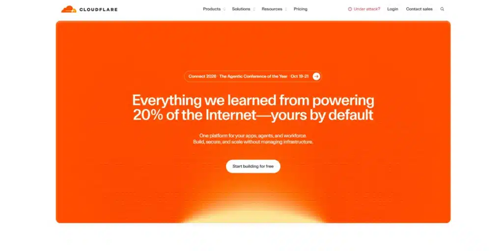 Cloudflare homepage hero with an Under attack link in the top navigation.