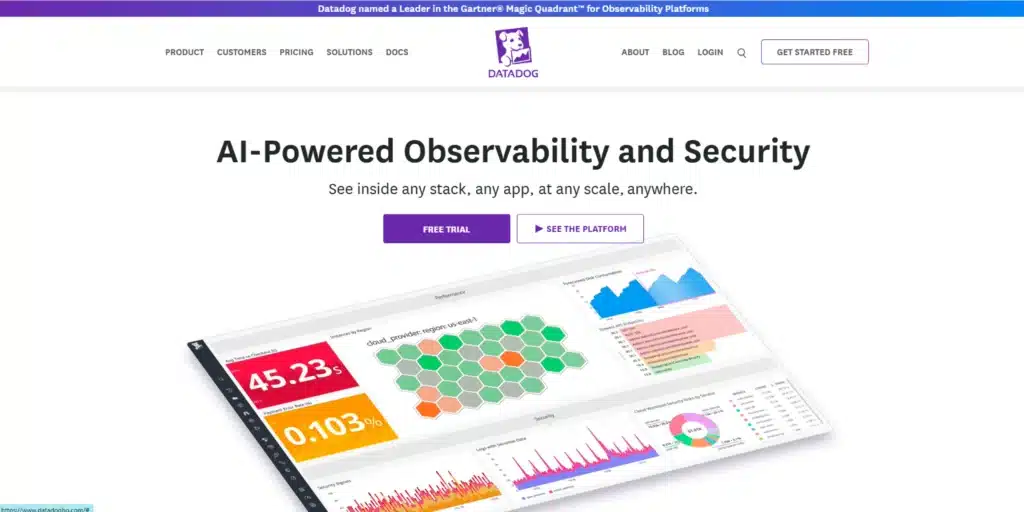 Datadog homepage with a Gartner banner, the headline, and a product dashboard.