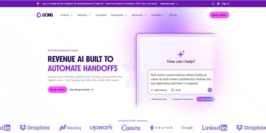 Gong demo request page with one email field and customer proof beside it.