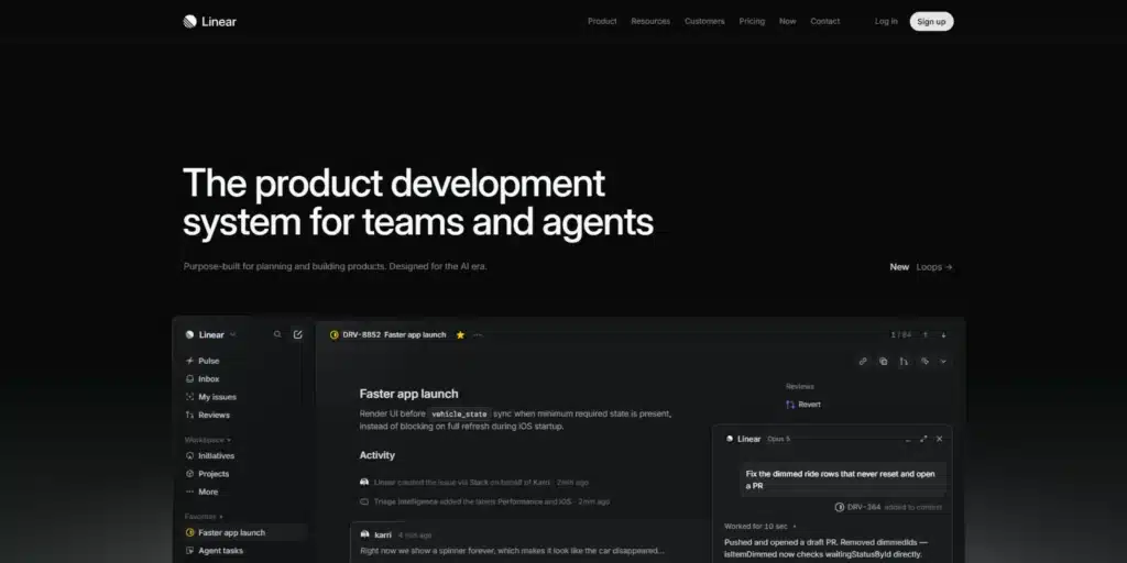 Linear homepage with a dark background, the headline, and workflow sections.