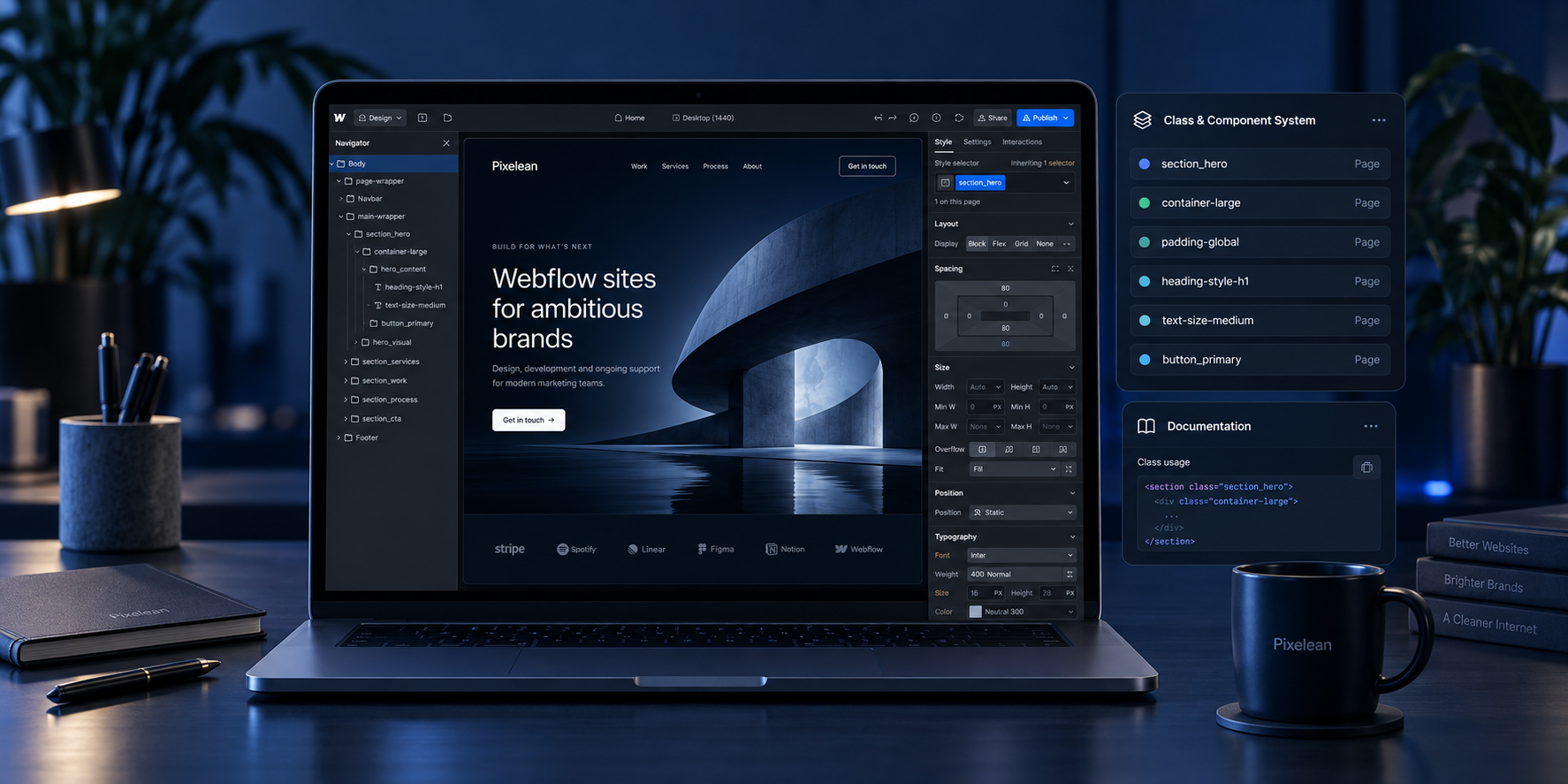 Pixelean Webflow build approach using a documented class and component system