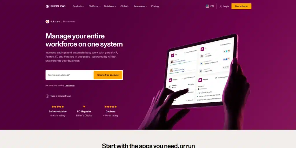 Rippling homepage hero with a review badge above the headline and an email field.