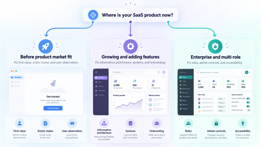 A decision tree that matches a SaaS product's stage to the practices worth fixing first