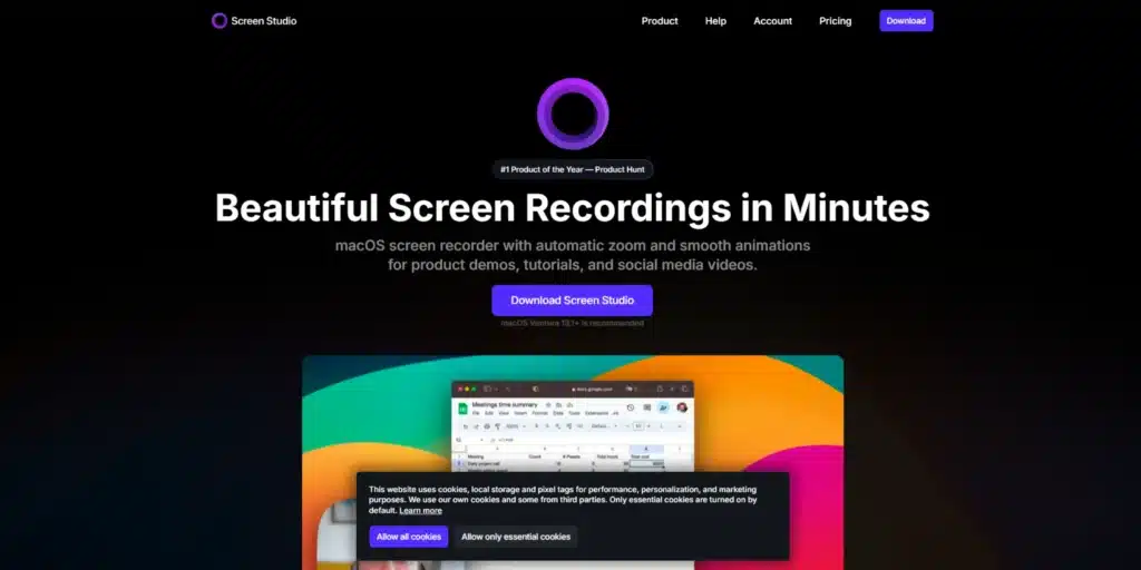 Screen Studio homepage hero with a Product Hunt badge and a Download button.