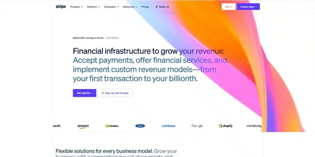 Stripe homepage hero with a live GDP counter above the headline and a customer logo strip.