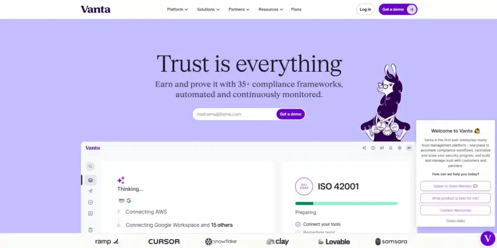 Vanta homepage hero with an email field for a demo and customer logos below.