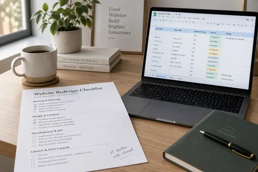 A website redesign checklist and a redirect map open on a desk before a relaunch