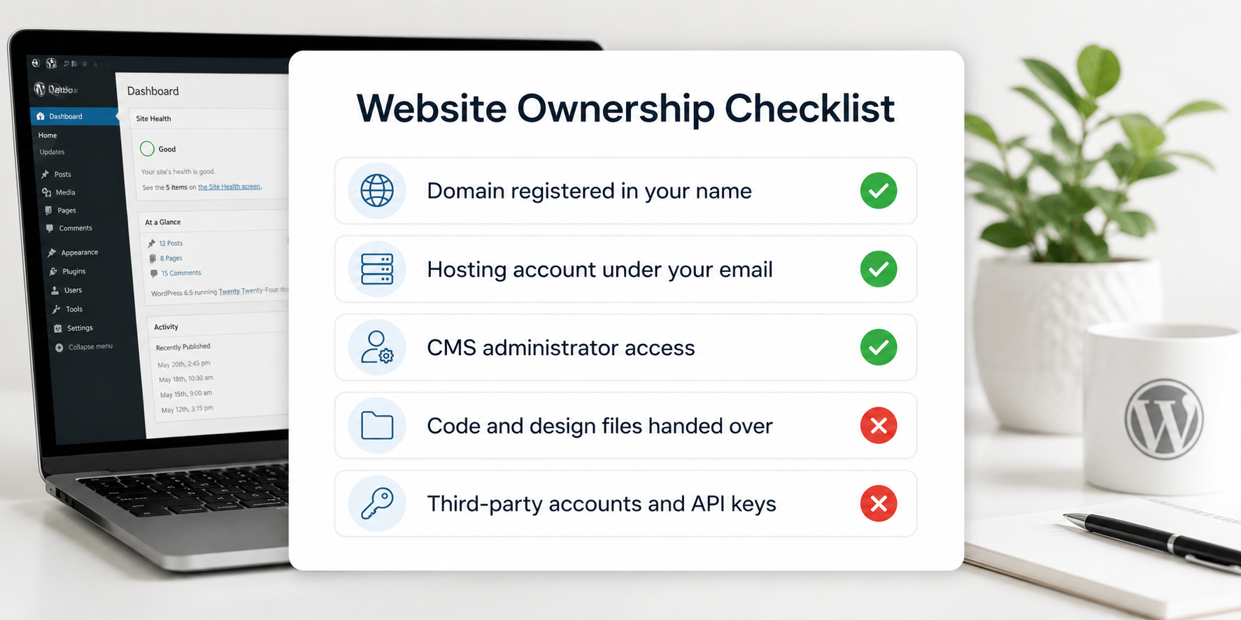 Website ownership checklist showing domain, hosting, CMS access, code files, and third-party accounts