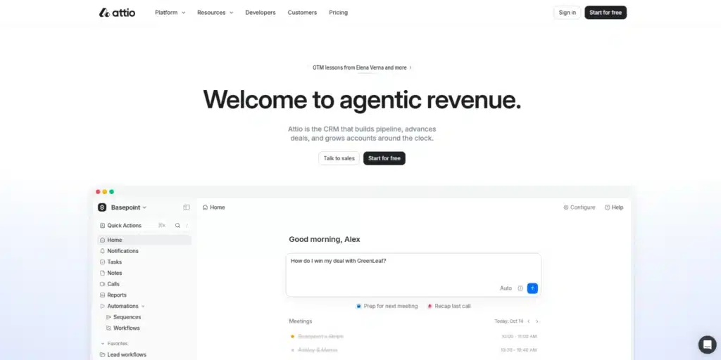 Attio homepage hero with Talk to sales and Start for free buttons side by side.