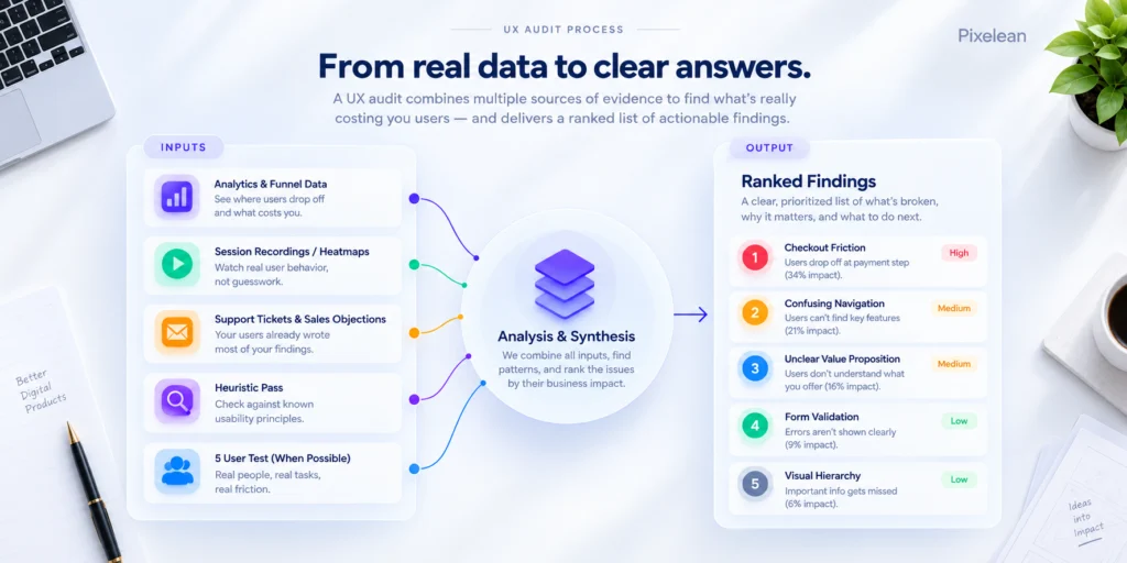 The inputs a UX audit pulls from and the ranked output it produces