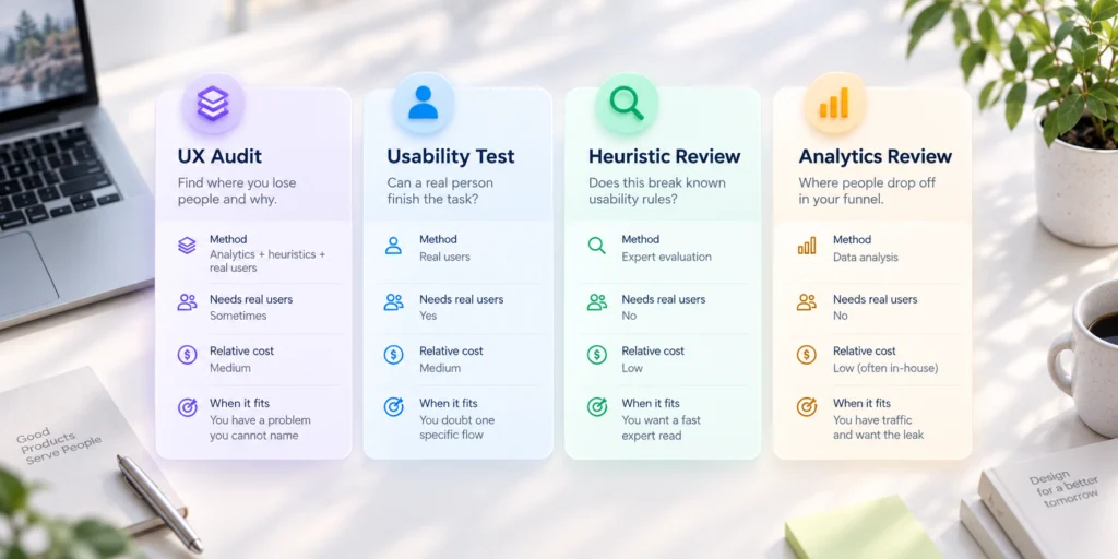 UX audit compared with usability testing, heuristic review, analytics, and research