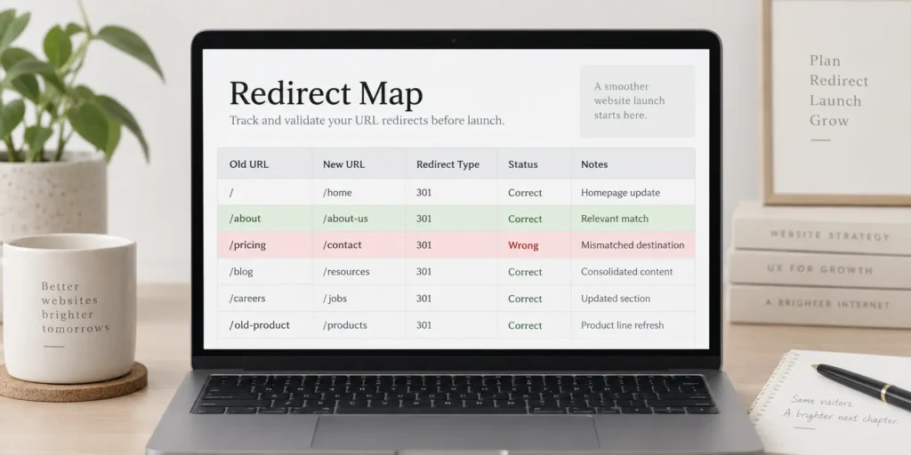 A redirect map spreadsheet comparing old and new website URLs before a redesign launch
