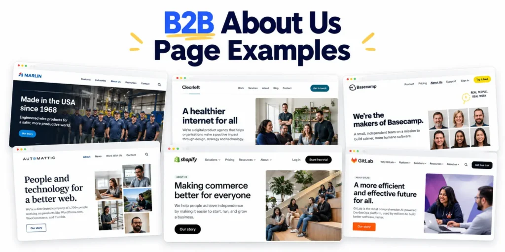 Collage of B2B company About Us pages showing different website layouts and trust-building elements