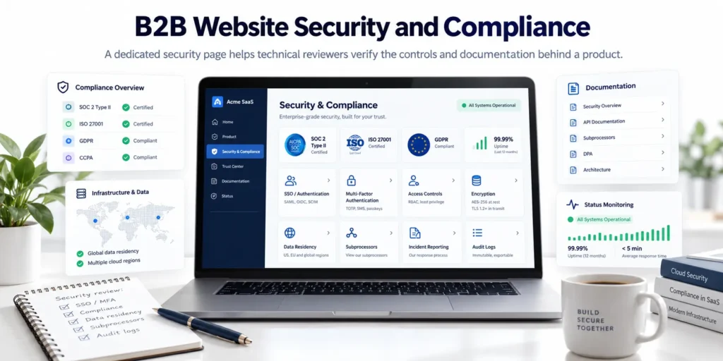 SaaS security page presenting authentication controls, data protection policies, and technical documentation for IT reviewers