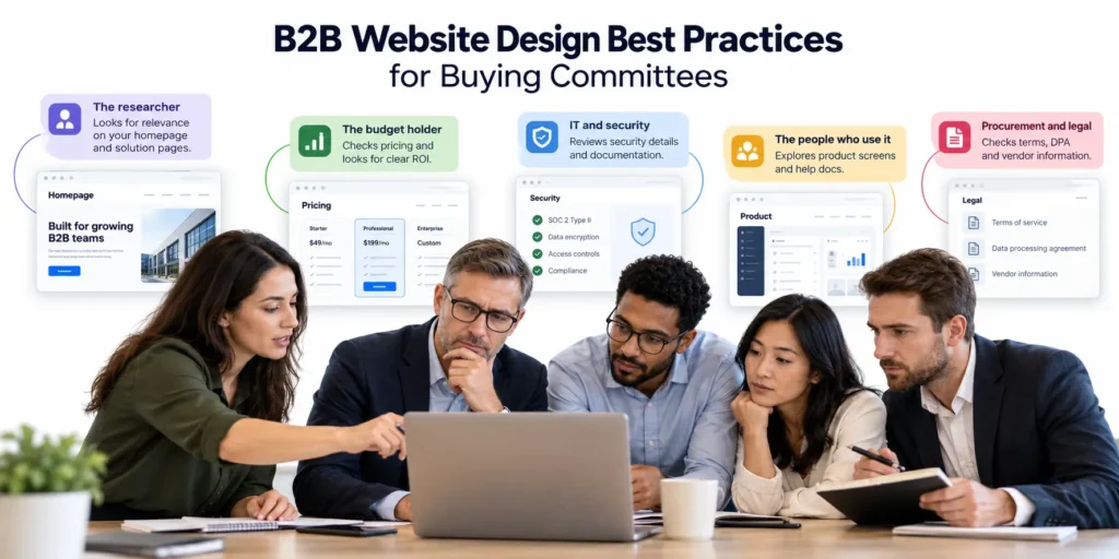 Business stakeholders reviewing a B2B website before making a purchasing decision
