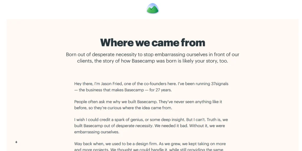 Basecamp About page featuring co-founder Jason Fried's letter about the company's origins