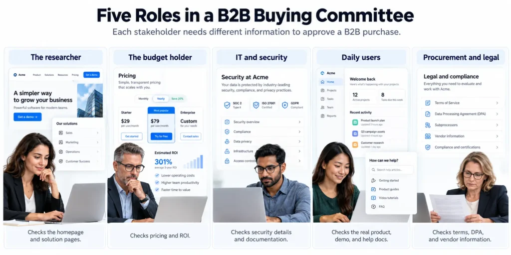 Five B2B buying committee roles: researcher, budget holder, IT and security, daily users, and procurement and legal