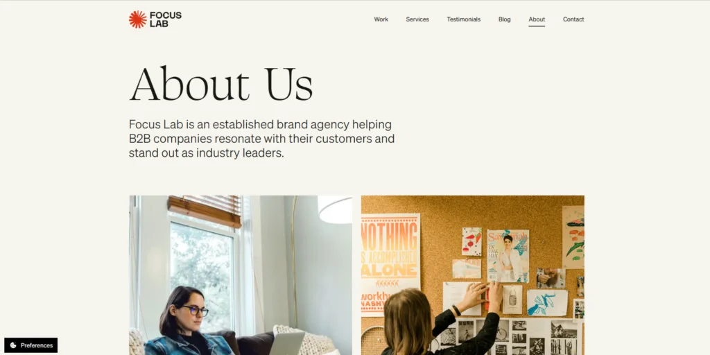 Focus Lab About page describing its B2B branding and design agency values
