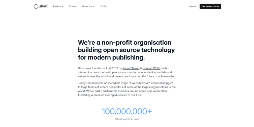 Ghost About page showing its nonprofit foundation structure and company metrics