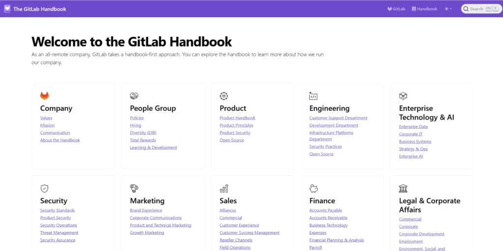 GitLab public handbook showing company policies, departments and documentation about how the company operates