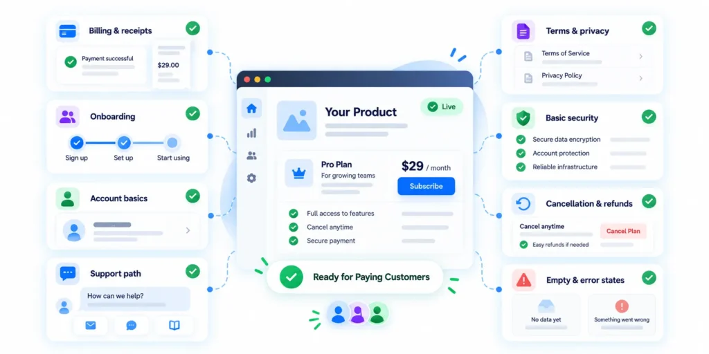 SaaS minimum marketable product interface showing subscription billing, customer onboarding, and account management.