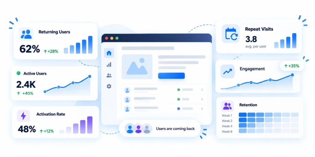 MVP analytics dashboard tracking returning users and product engagement to validate demand.
