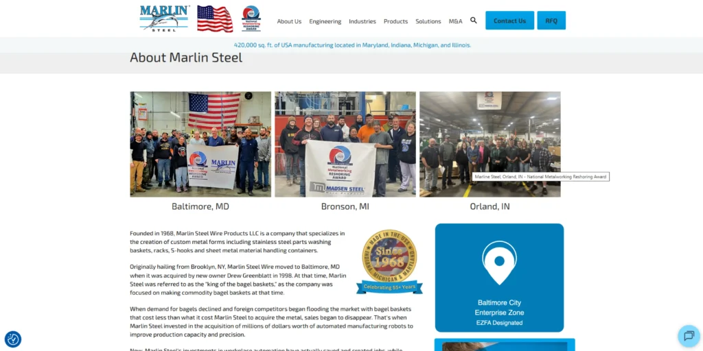 Marlin Steel About Us page showing its manufacturing facility and industrial wire products