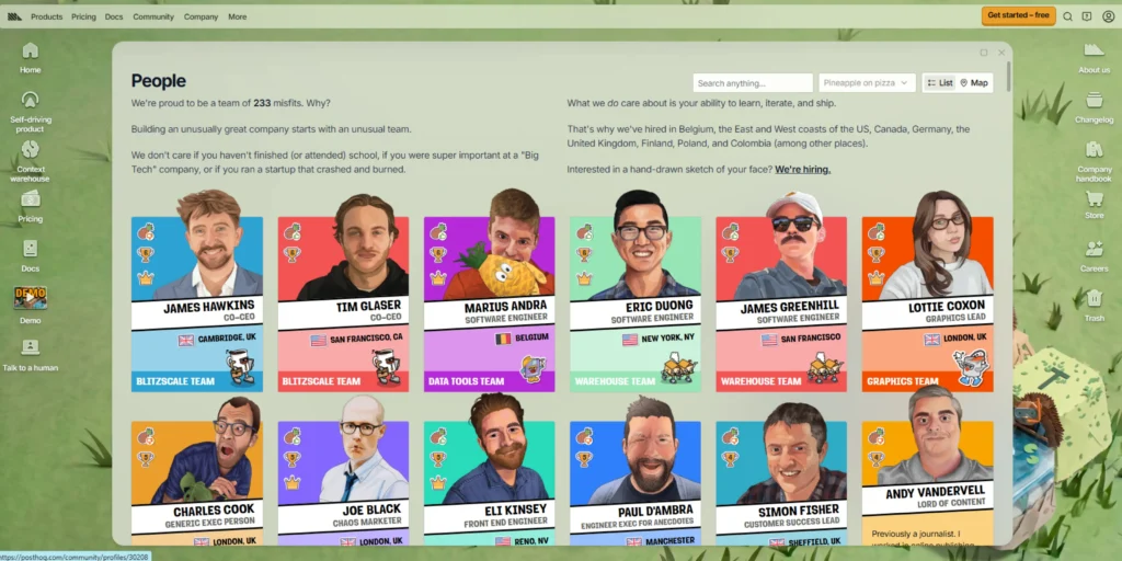 PostHog team page showing employee portraits, names and product team information