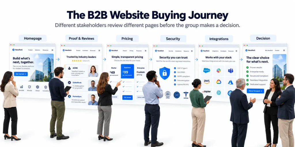 B2B buyers sharing website links with finance, IT, security, and procurement teams during the purchasing process