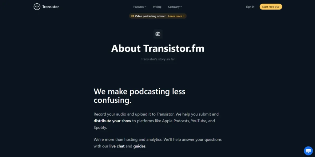 Transistor.fm About page introducing its co-founders and podcast hosting company's purpose